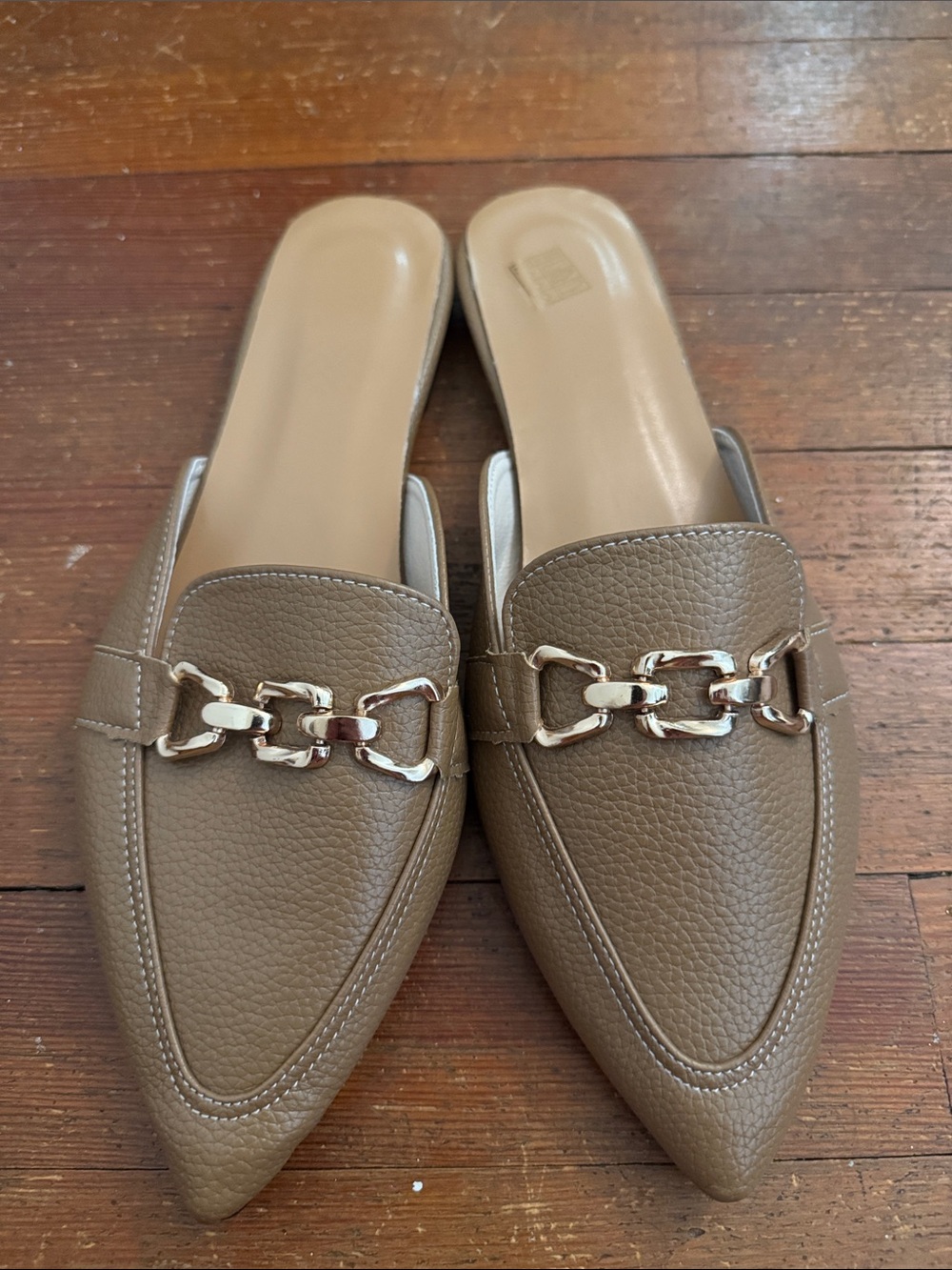 SHEIN Women's Pointed Toe Mule Slides in Taupe with Gold Hardware